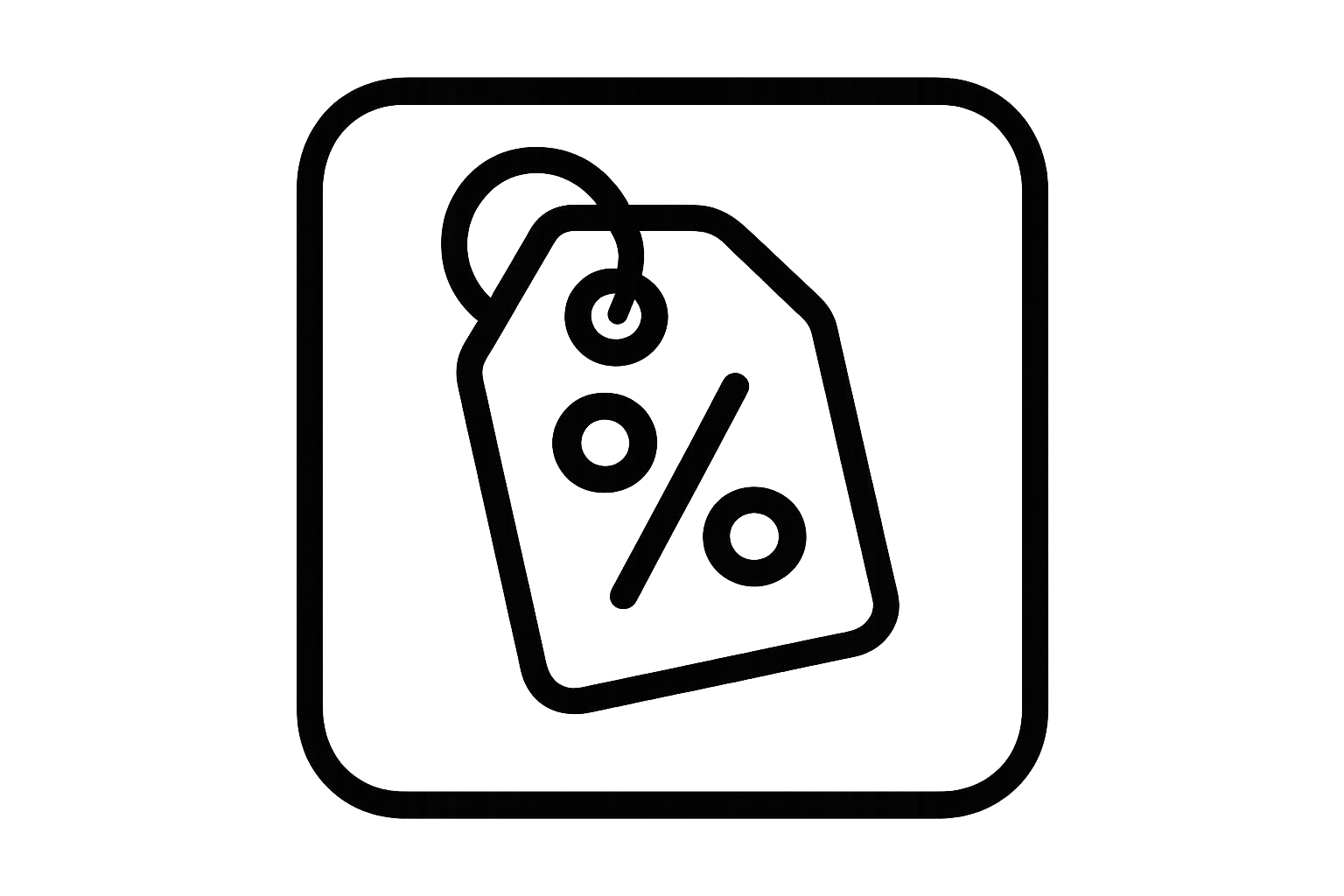 Crea un ícono en blanco y negro para representar el concepto "Descuentos". Debe ser un ícono de dimensiones cuadradas, las líneas de contornos deben ser gruesas. NO Debe contener Texto.